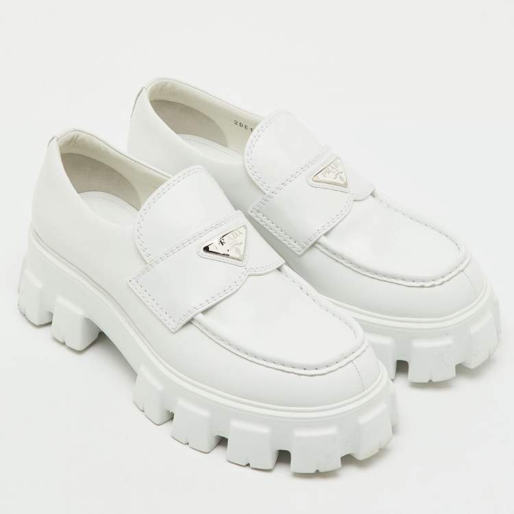 Pre Owned Prada White Brushed Leather Monolith Loafers Size 42.5
