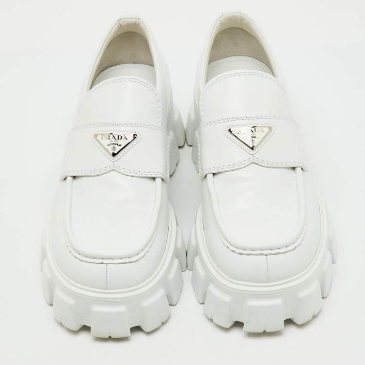 Pre Owned Prada White Brushed Leather Monolith Loafers Size 42.5