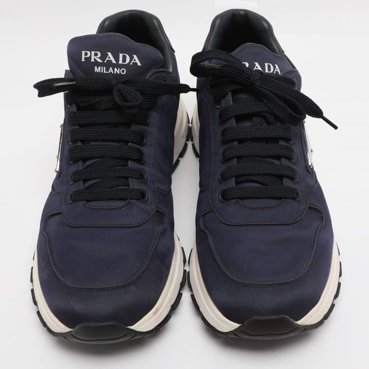 Pre Owned Prada Navy Blue Leather and Nylon Prax 01 Sneakers Size 43.5