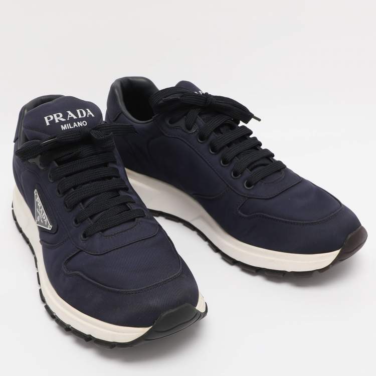 Pre Owned Prada Navy Blue Leather and Nylon Prax 01 Sneakers Size 43.5