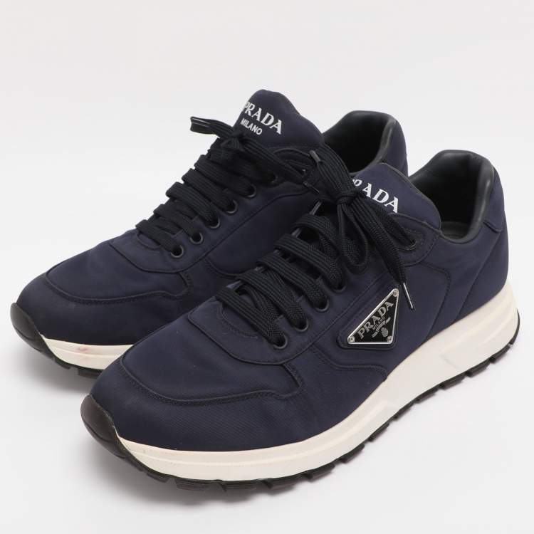 Pre Owned Prada Navy Blue Leather and Nylon Prax 01 Sneakers Size 43.5