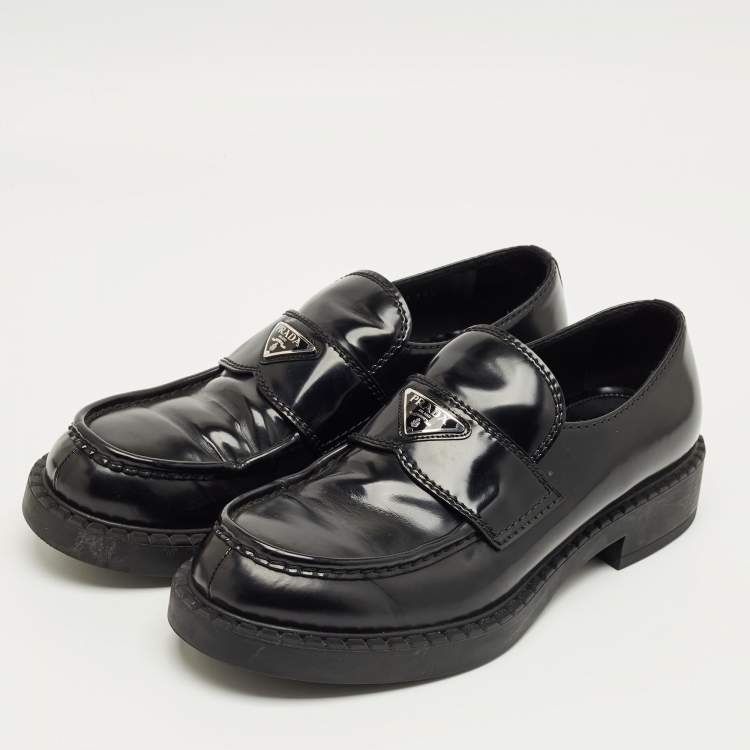 Pre Owned Prada Black Brushed Leather Slip On Platform Loafers Size 44.5