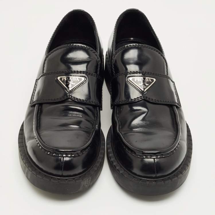 Pre Owned Prada Black Brushed Leather Slip On Platform Loafers Size 44.5