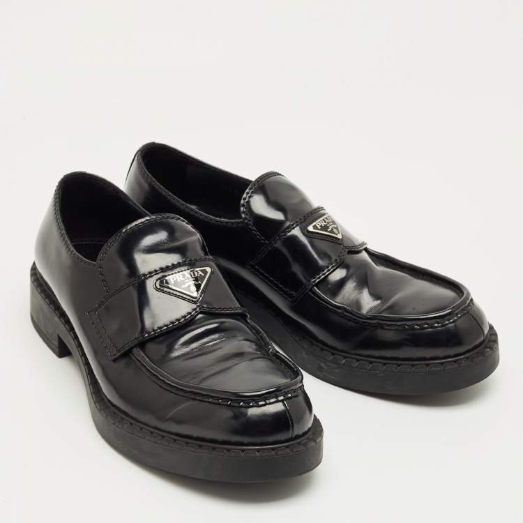 Pre Owned Prada Black Brushed Leather Slip On Platform Loafers Size 44.5