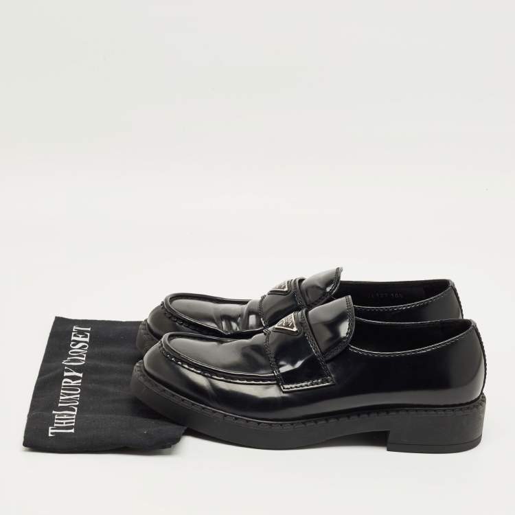 Pre Owned Prada Black Brushed Leather Slip On Platform Loafers Size 44.5