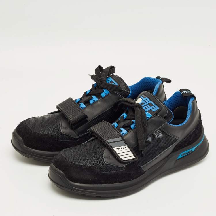 Pre Owned Prada Black/Blue Leather, Suede and Mesh Mechano Sneakers Size 45