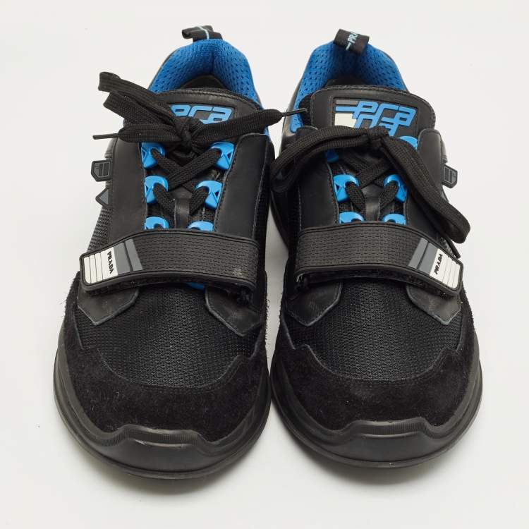 Pre Owned Prada Black/Blue Leather, Suede and Mesh Mechano Sneakers Size 45