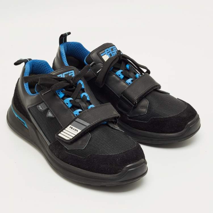 Pre Owned Prada Black/Blue Leather, Suede and Mesh Mechano Sneakers Size 45