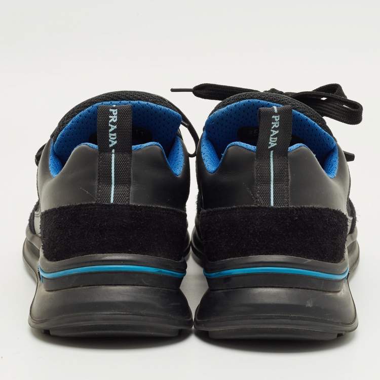Pre Owned Prada Black/Blue Leather, Suede and Mesh Mechano Sneakers Size 45