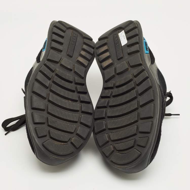 Pre Owned Prada Black/Blue Leather, Suede and Mesh Mechano Sneakers Size 45