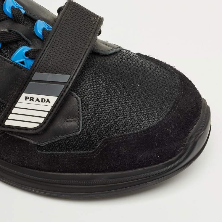 Pre Owned Prada Black/Blue Leather, Suede and Mesh Mechano Sneakers Size 45