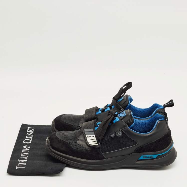 Pre Owned Prada Black/Blue Leather, Suede and Mesh Mechano Sneakers Size 45