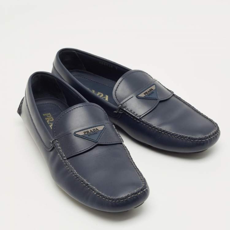Pre Owned Prada Navy Blue Leather Driver Loafers Size 41