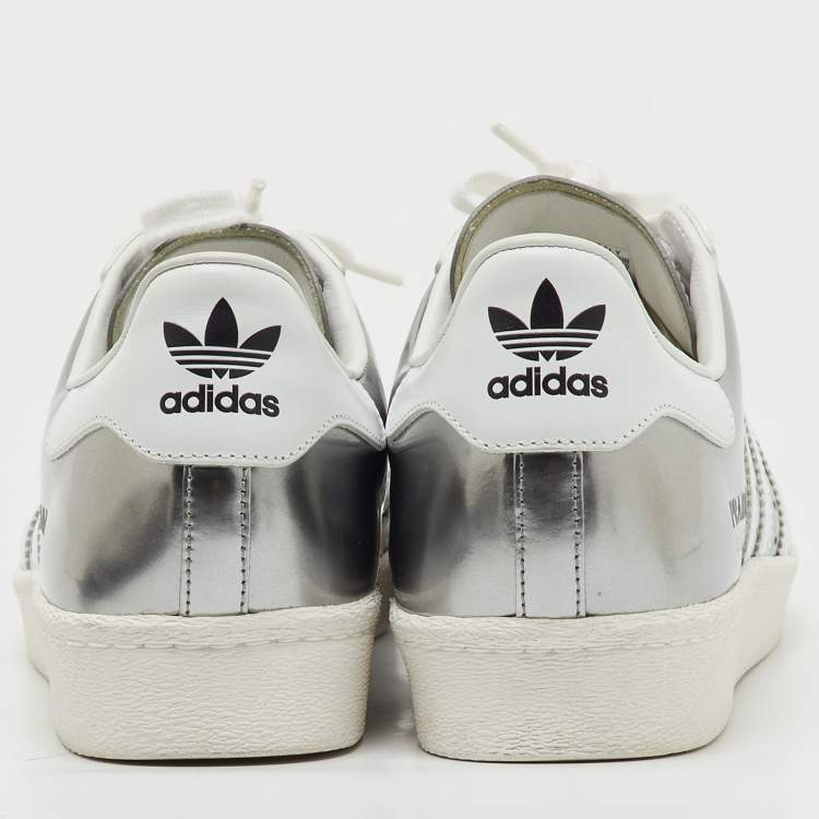 Pre Owned Prada x Adidas Silver/White Leather Superstar Low Top Sneakers Size 43 1/3