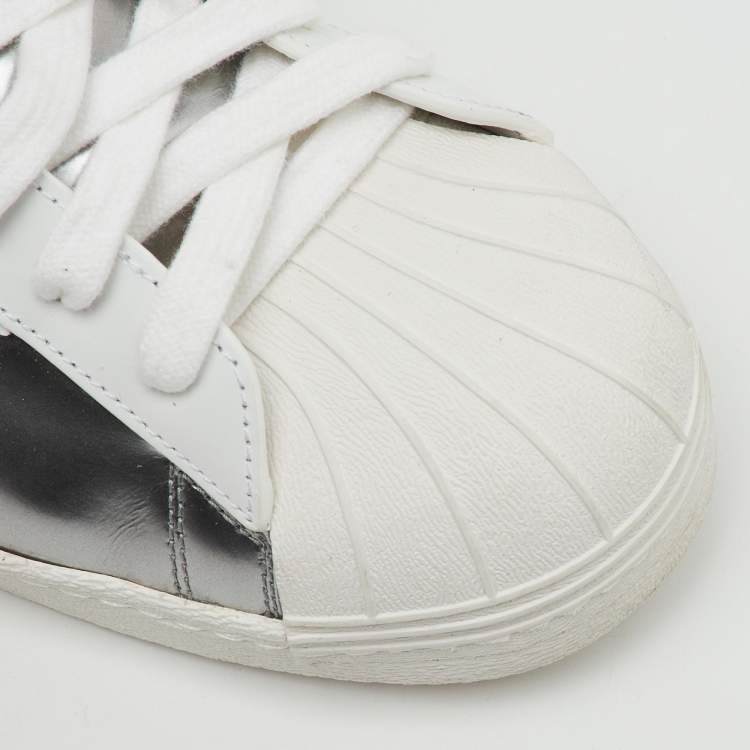 Pre Owned Prada x Adidas Silver/White Leather Superstar Low Top Sneakers Size 43 1/3
