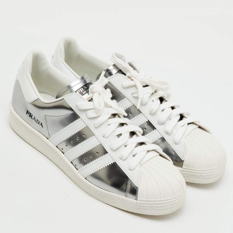 Pre Owned Prada x Adidas Silver/White Leather Superstar Low Top Sneakers Size 43 1/3