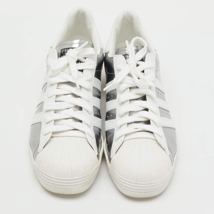 Pre Owned Prada x Adidas Silver/White Leather Superstar Low Top Sneakers Size 43 1/3