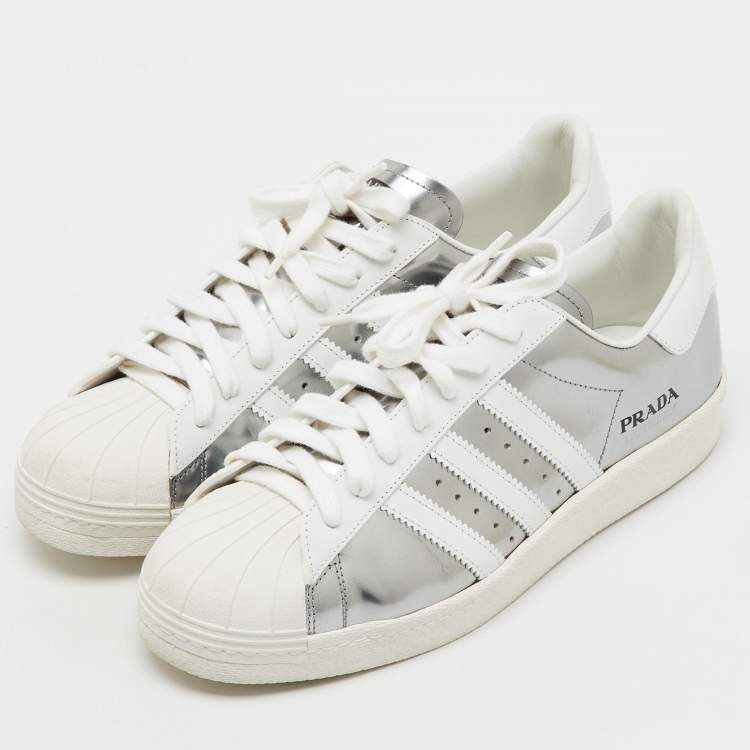 Pre Owned Prada x Adidas Silver/White Leather Superstar Low Top Sneakers Size 43 1/3