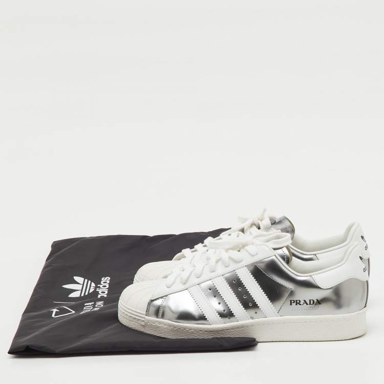Pre Owned Prada x Adidas Silver/White Leather Superstar Low Top Sneakers Size 43 1/3
