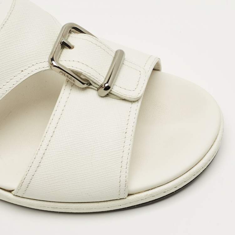 Pre Owned Prada White Saffiano Leather Desert Slide Sandals Size 41