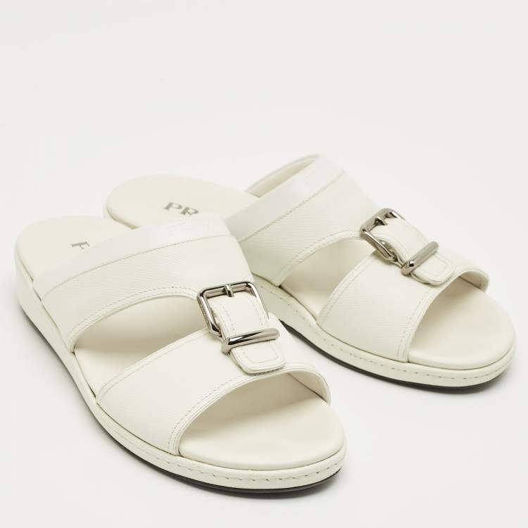 Pre Owned Prada White Saffiano Leather Desert Slide Sandals Size 41