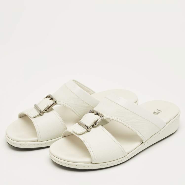 Pre Owned Prada White Saffiano Leather Desert Slide Sandals Size 41
