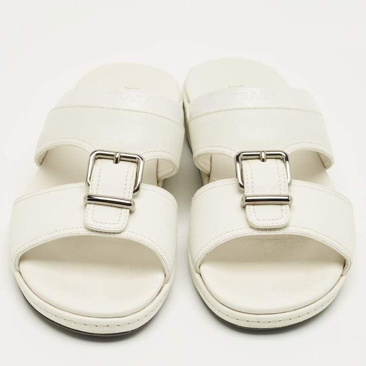 Pre Owned Prada White Saffiano Leather Desert Slide Sandals Size 41