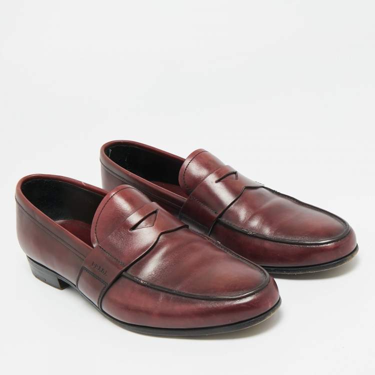 Pre Owned Prada Burgundy Leather Slip On Penny Loafers Size 42