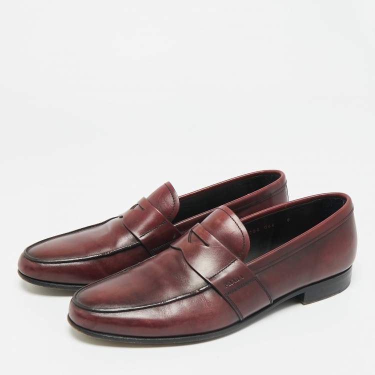 Pre Owned Prada Burgundy Leather Slip On Penny Loafers Size 42