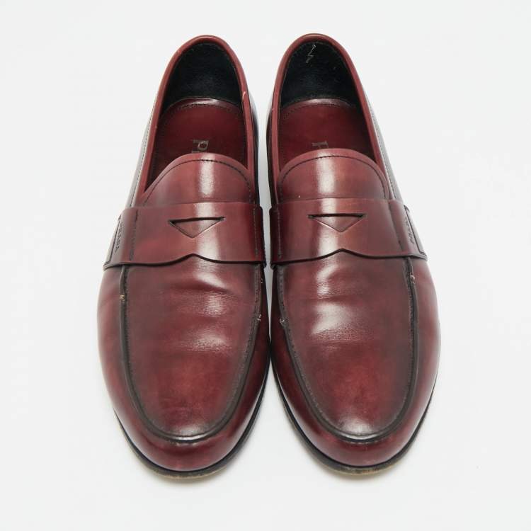 Pre Owned Prada Burgundy Leather Slip On Penny Loafers Size 42