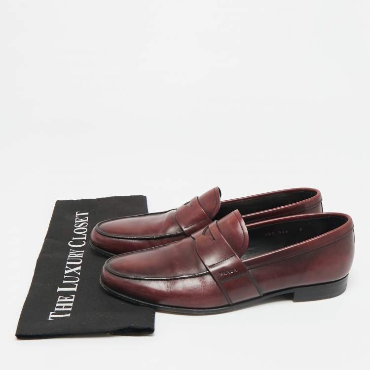 Pre Owned Prada Burgundy Leather Slip On Penny Loafers Size 42