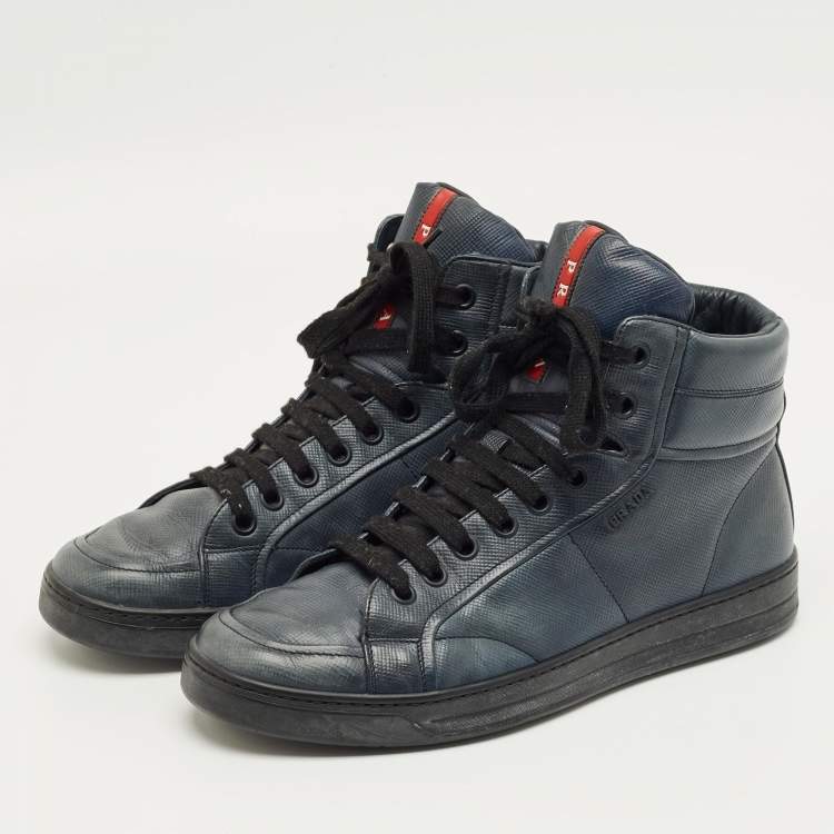 Pre Owned Prada Navy Blue Leather High Top Sneakers Size 42