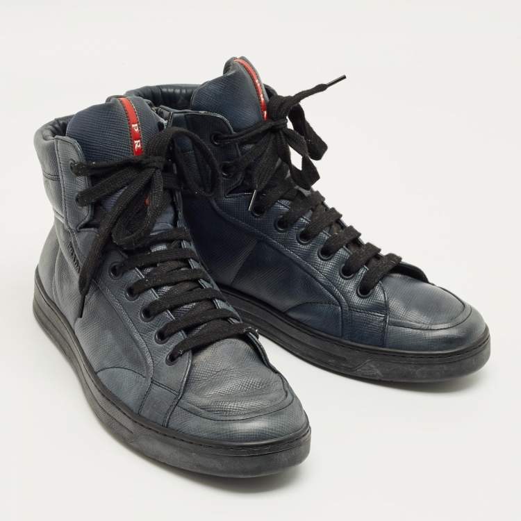 Pre Owned Prada Navy Blue Leather High Top Sneakers Size 42
