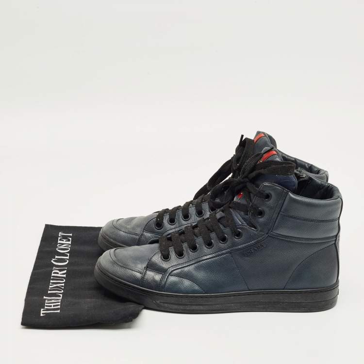Pre Owned Prada Navy Blue Leather High Top Sneakers Size 42