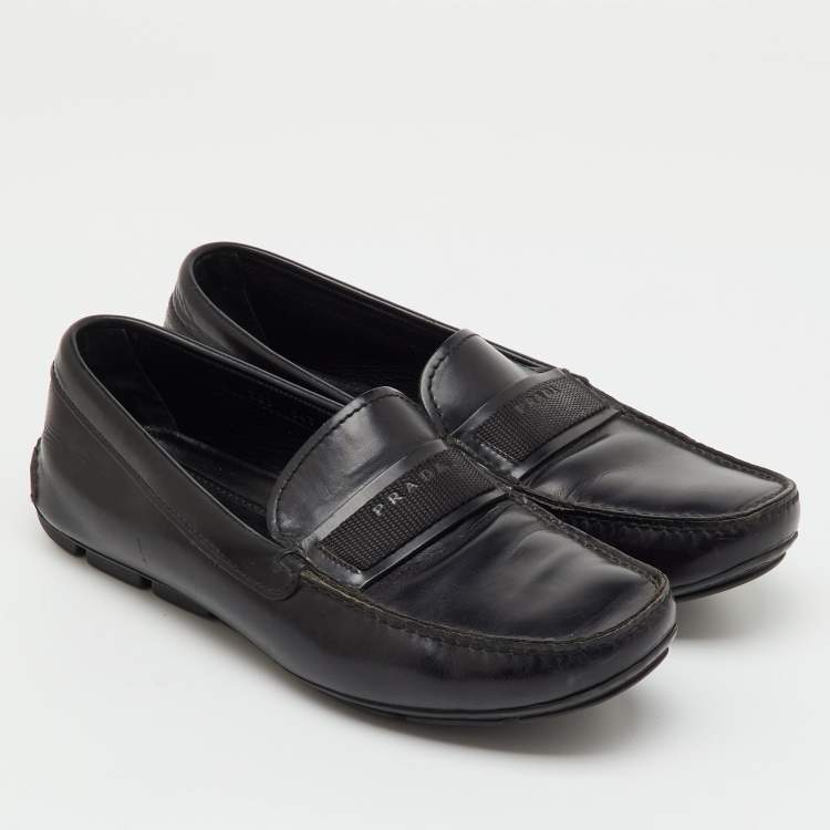 Pre Owned Prada Black Leather Slip On Loafers Size 41.5