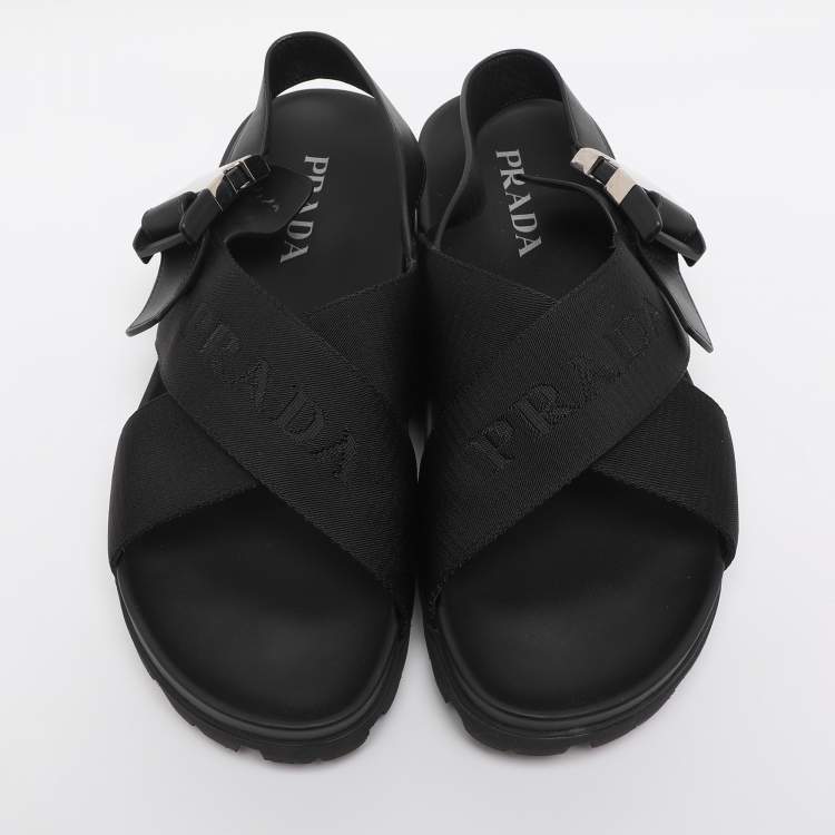 Pre Owned Prada Black Balistic Nylon Cross Strap Slide Sandals Size 44