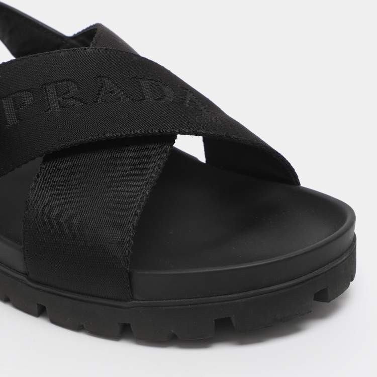 Pre Owned Prada Black Balistic Nylon Cross Strap Slide Sandals Size 44