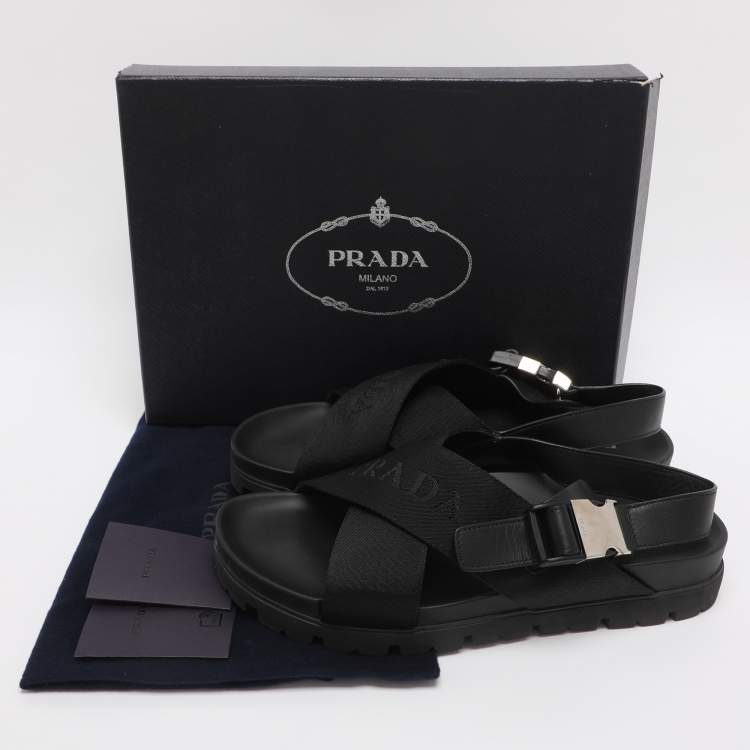 Pre Owned Prada Black Balistic Nylon Cross Strap Slide Sandals Size 44