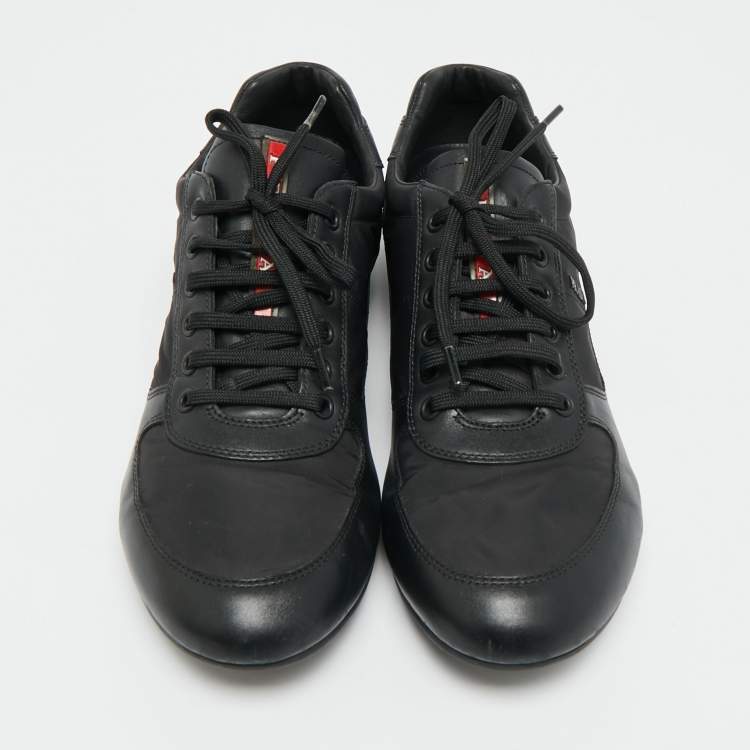 Pre Owned Prada Black Leather and Nylon Lace Up Sneakers Size 42 