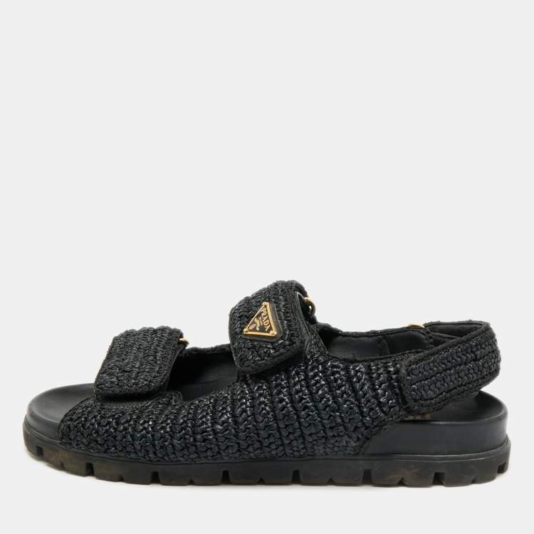 Pre Owned Prada Size 41 Black Woven Straw Slingback Flat Sandals