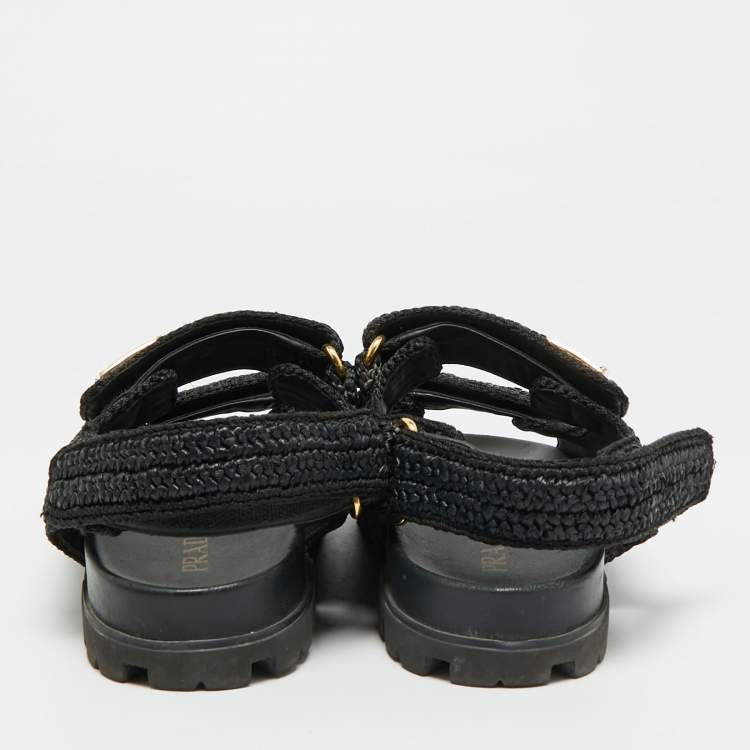 Pre Owned Prada Size 41 Black Woven Straw Slingback Flat Sandals