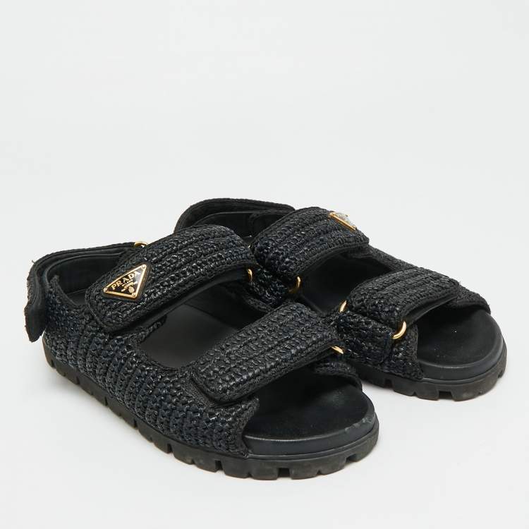 Pre Owned Prada Size 41 Black Woven Straw Slingback Flat Sandals