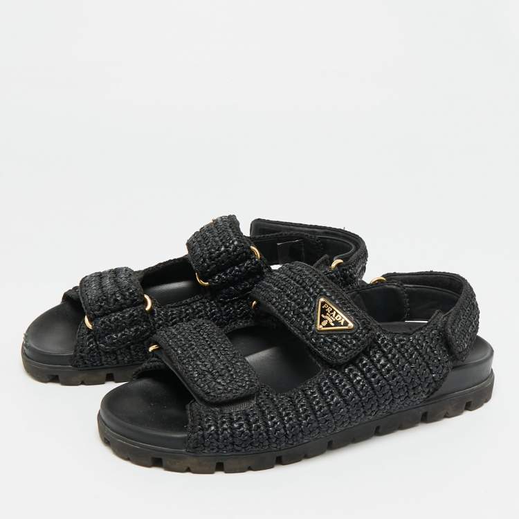 Pre Owned Prada Size 41 Black Woven Straw Slingback Flat Sandals