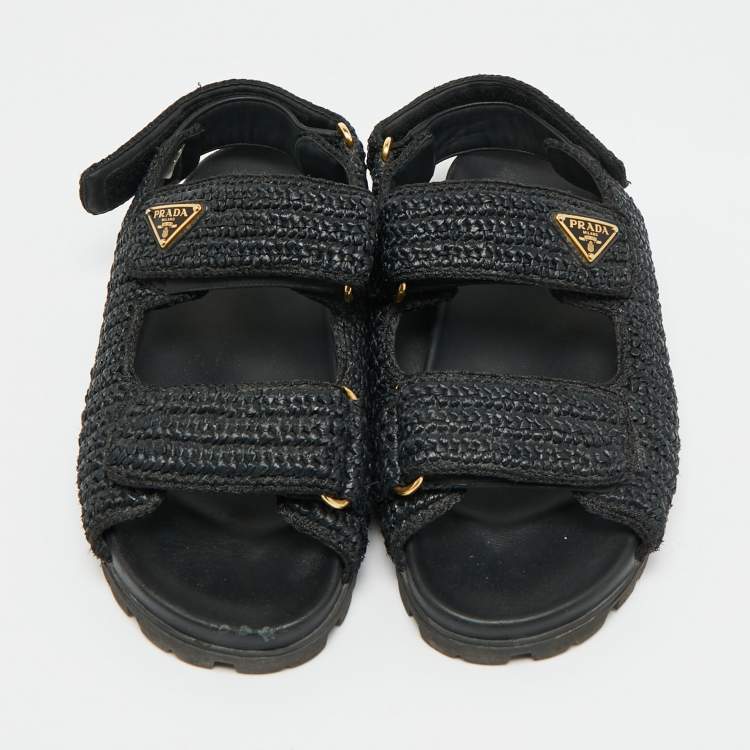 Pre Owned Prada Size 41 Black Woven Straw Slingback Flat Sandals