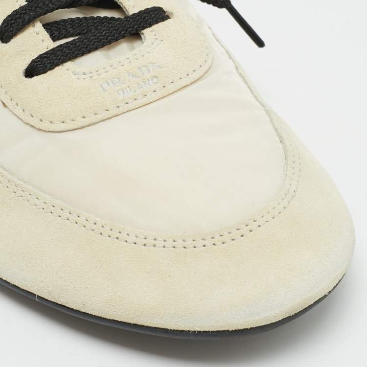 Pre Owned Prada Collapse Re-Nylon Size 41 Cream Nylon and Suede Lace Up Sneakers