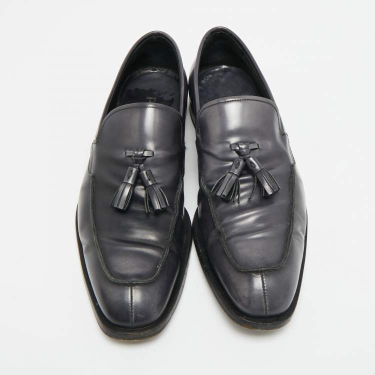 Pre Owned Prada Size 43 Grey Leather Tassel Fringe Loafers        
