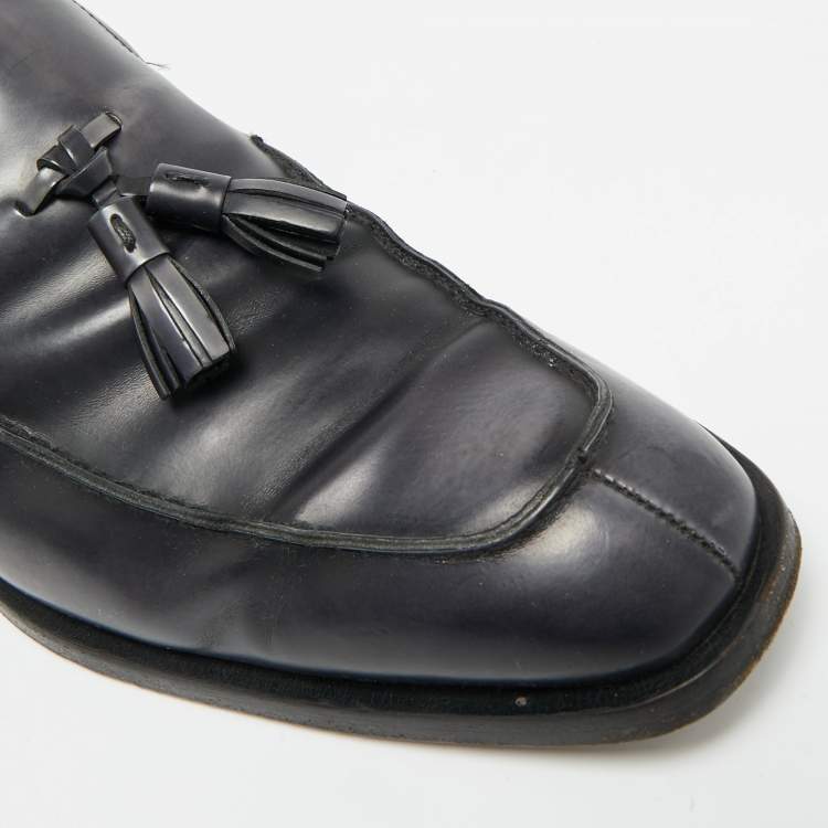 Pre Owned Prada Size 43 Grey Leather Tassel Fringe Loafers        