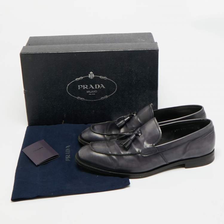 Pre Owned Prada Size 43 Grey Leather Tassel Fringe Loafers        