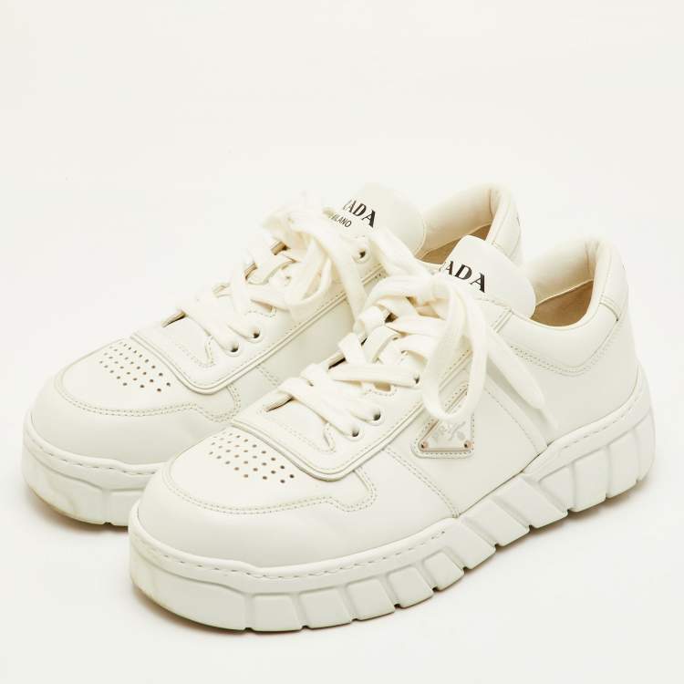 Pre Owned Prada Size 41.5 White Leather Low Top Sneakers
