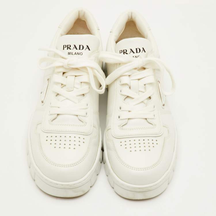 Pre Owned Prada Size 41.5 White Leather Low Top Sneakers